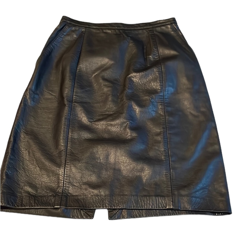 Black size 8-10 vintage genuine leather pencil skirt skirt pockets back slit